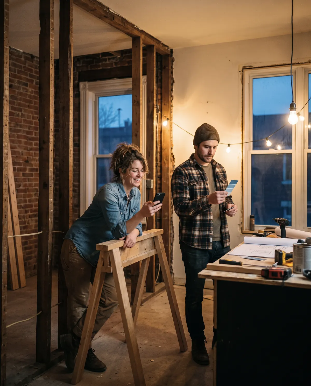 Two people in a kitchen mid-renovation, one talking to her phone
