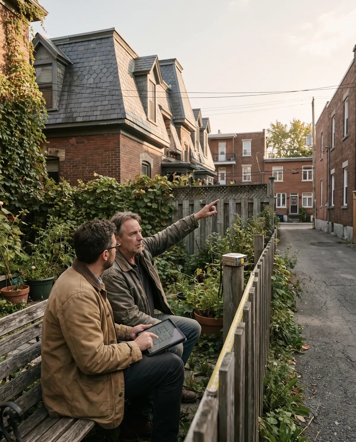 A homeowner and an architect looking up at the back of a Montreal house