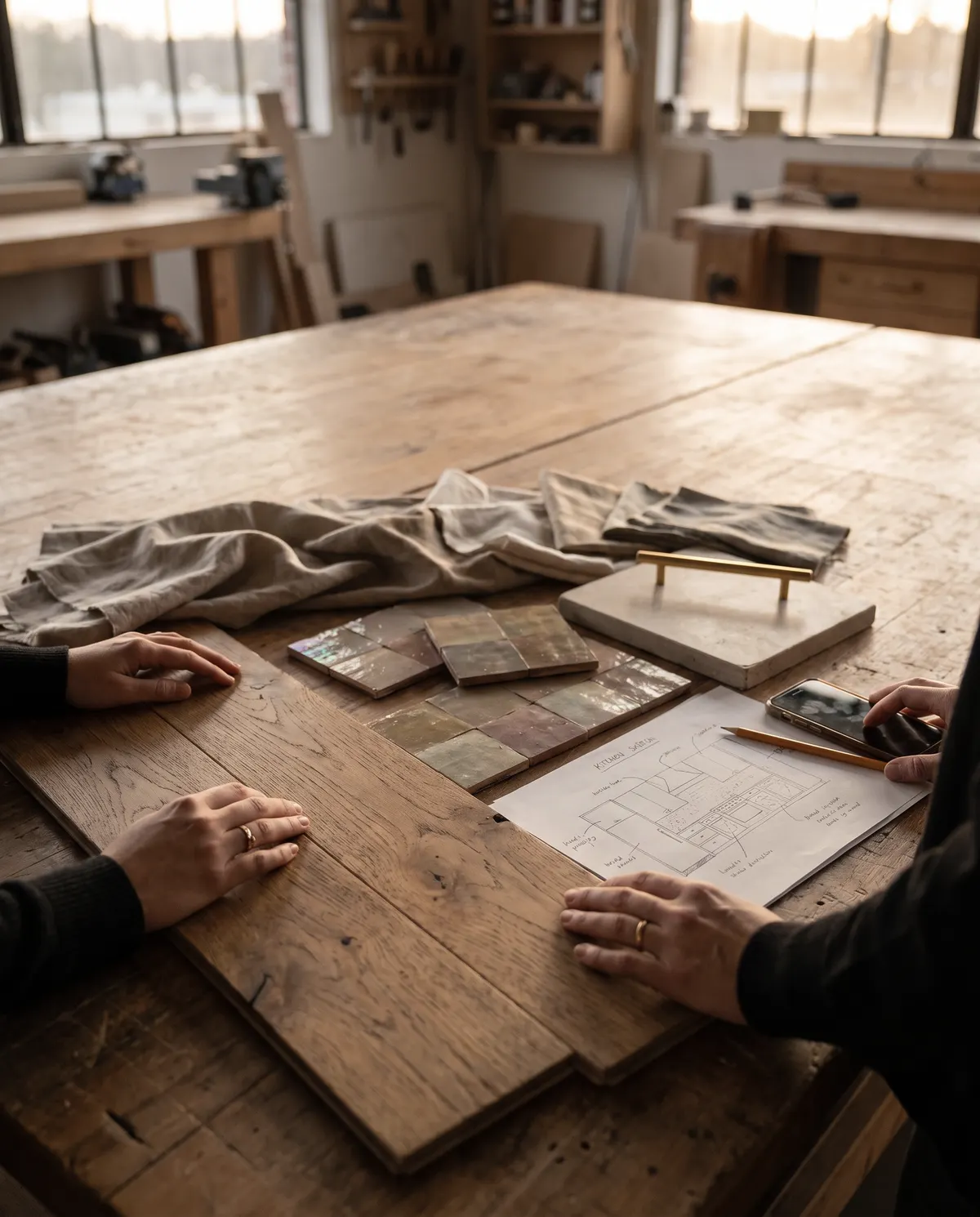 Hands choosing tiles among oak, linen and stone samples on a workshop table
