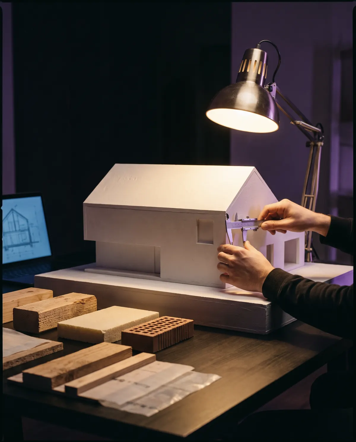 A researcher measuring a wall section on a white study model, material samples on the bench
