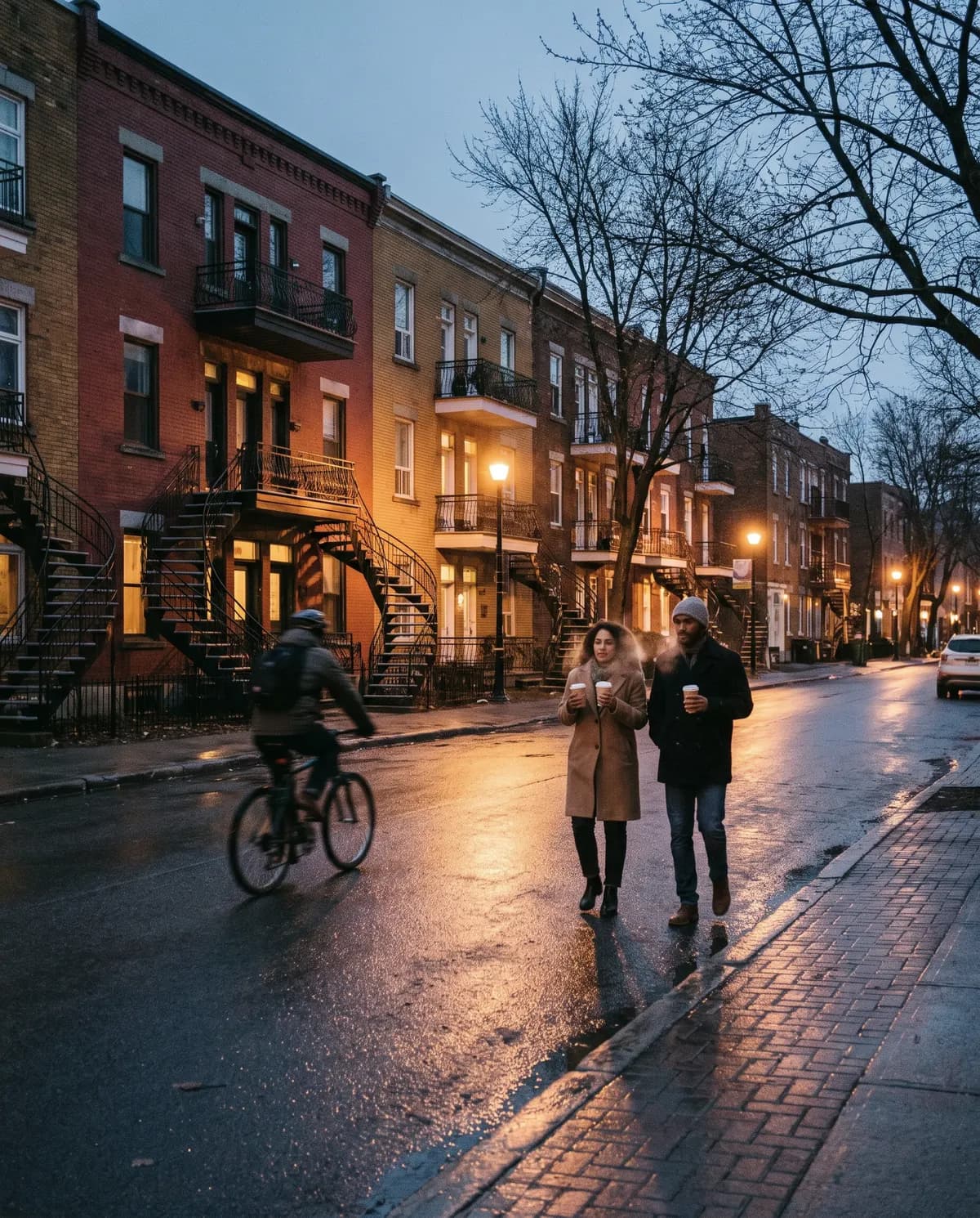 Brick triplexes at dusk in Montreal, a couple walking with coffee