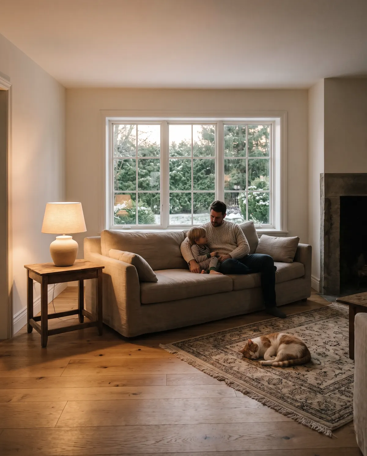A father and child reading on the sofa in a warm, finished living room